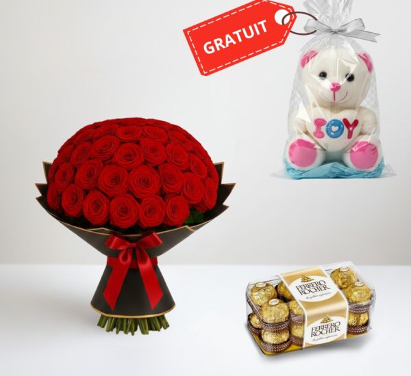 Bouquet 30 rose rouge avec chocolat Ferrero