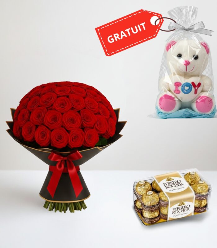 Bouquet 30 rose rouge avec chocolat Ferrero