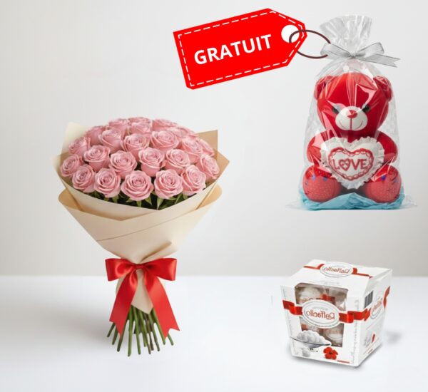 Bouquet 12 rose rose avec raffaello